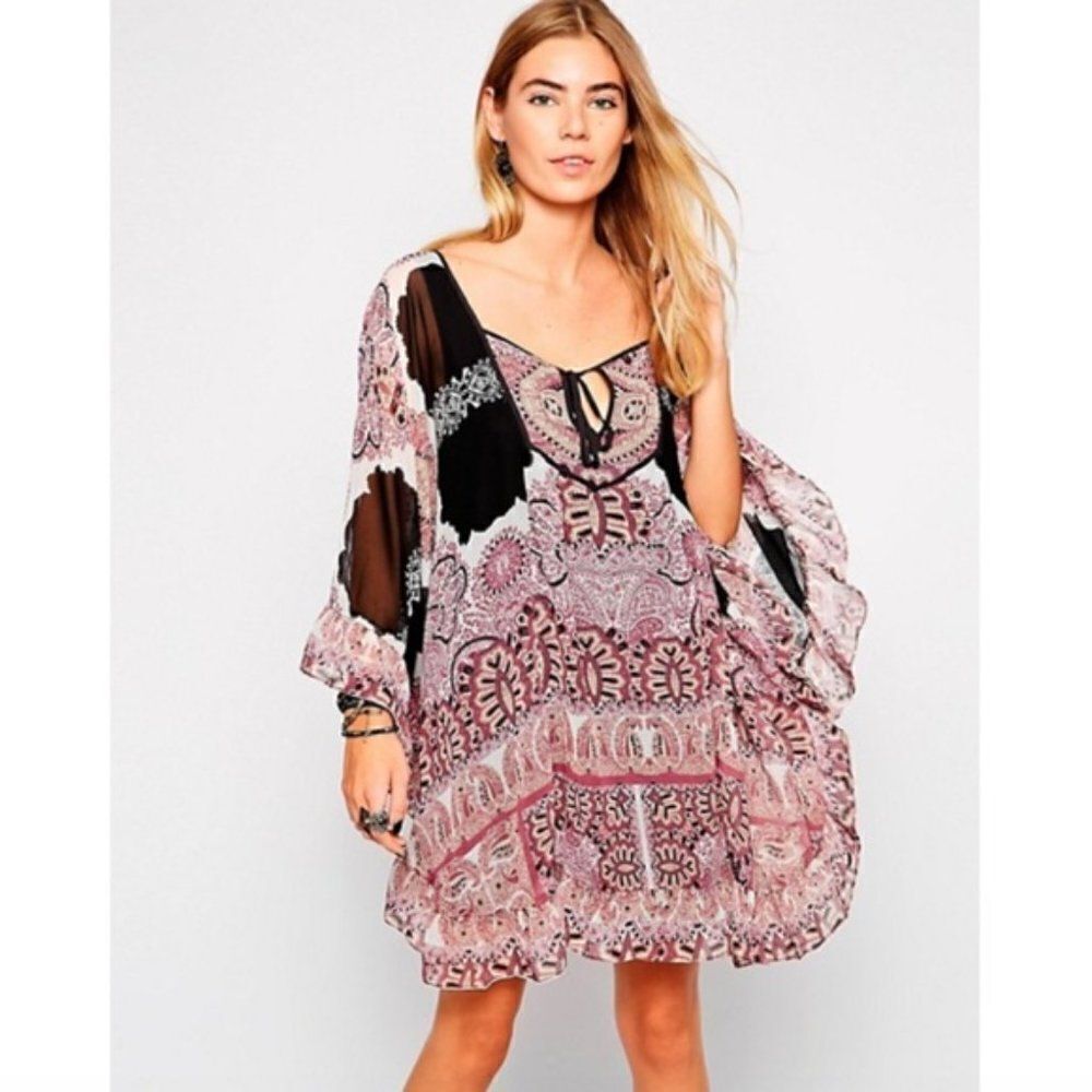 FREE PEOPLE Marla Dreams Dress Black Combo Purple Floral Boho Hippie Size XS